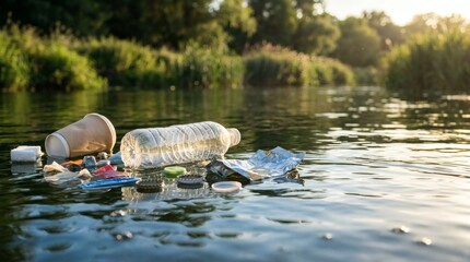 Fototapeta premium Plastic Pollution Floating in Serene River at Sunset