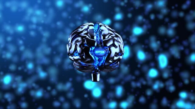 Futuristic cybernetic brain with glowing blue technology and mechanical components, representing artificial intelligence, neural computing and digital innovation.