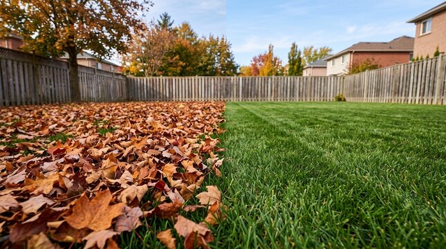 Split Backyard Lawn with Autumn Leaves and Mowed Green Grass