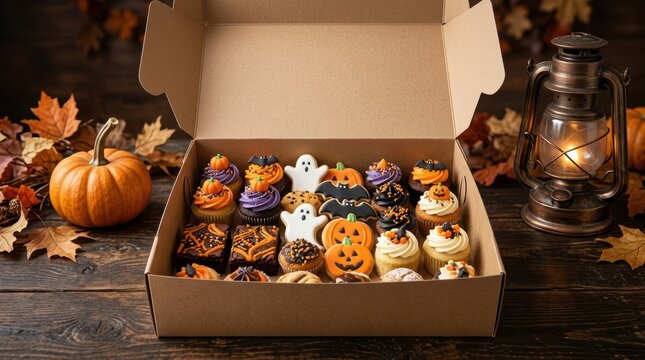 Large delivery box packed with assorted halloween cupcakes and cookies