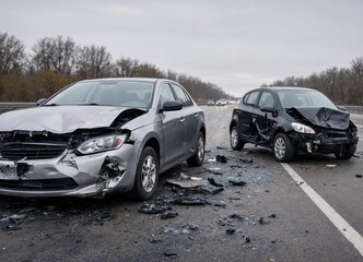 Naklejka premium Two severely damaged cars sit on a wet highway after a serious accident