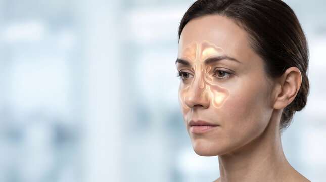 Medical visualization of a woman face with glowing anatomical overlay of paranasal sinuses. Highlighting inflammation and congestion in a bright clinical or hospital environment.