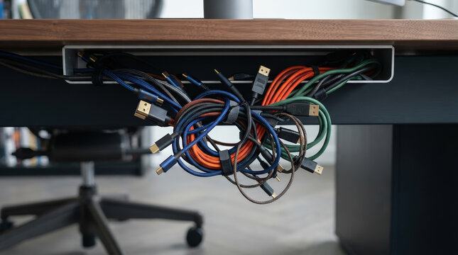 Bundle of colorful USB cables under office desk. Tangled charging wires in cable management organizer