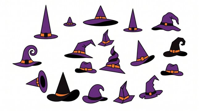 Collection of various purple and black witch hats for halloween celebration isolated on a white background
