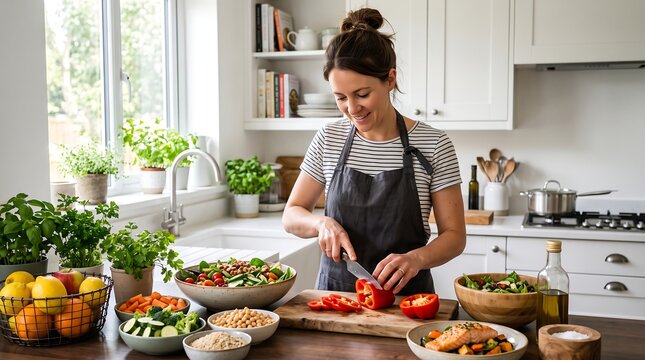 Woman preparing healthy salad in modern kitchen, chopping fresh vegetables for meal prep