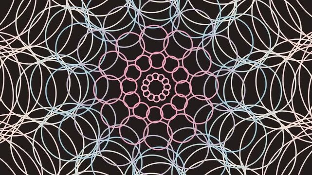 Abstract geometric pattern with overlapping circles forming a radial mandala design on black background.