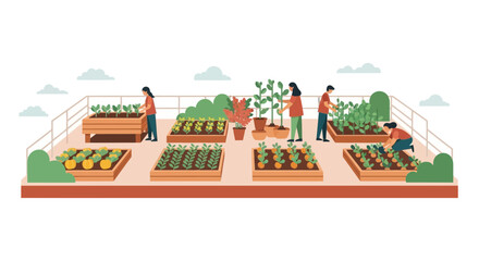 Fototapeta premium Flat Vector Illustration of People Gardening on an Urban Rooftop Garden with Raised Beds