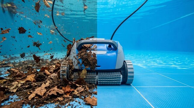 Robotic Pool Vacuum Cleaning Leaves in Dirty and Clean Water Comparison