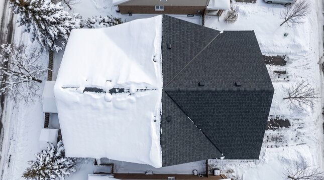 Split Aerial View of House Roof with Snow and Dark Shingles