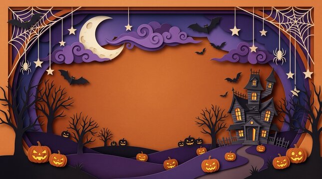 Halloween paper craft haunted house and pumpkins frame
