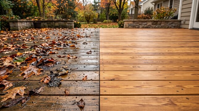 Split View of Wooden Deck Before and After Restoration with Autumn Leaves