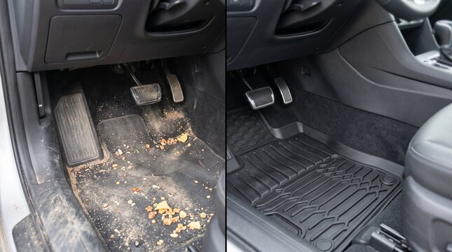 Dirty and Clean Car Interior Floor Mat Before and After Transformation
