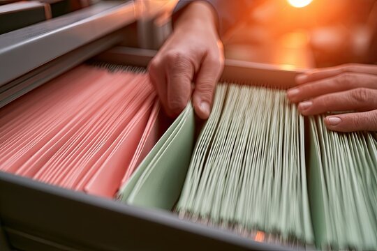 Hands sort through colorful files in an open filing cabinet drawer, warm light