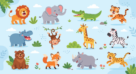 Naklejka premium Cute cartoon wild animals set. Kawaii jungle, forest and savannah zoo characters illustrations collection. Vector clipart.