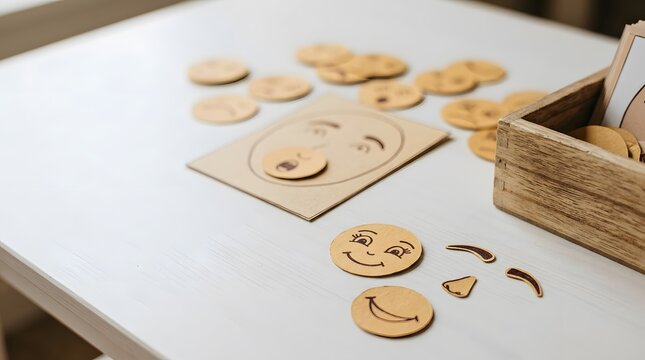 Hand interacting with small wooden pieces or puzzles on a table charmingly visualized