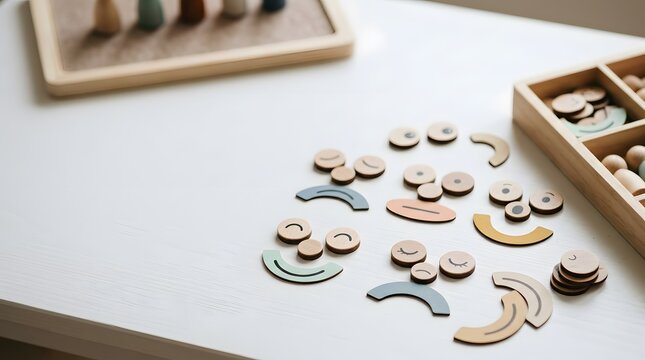 Hand interacting with small wooden pieces or puzzles on a table flawlessly arranged