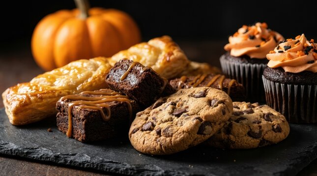 Assorted cookies brownies and cupcakes with halloween pumpkin decoration