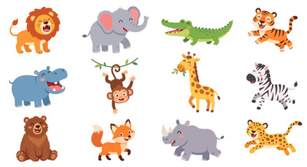 Naklejka premium Cute cartoon wild animals set. Kawaii jungle, forest and savannah zoo characters illustrations collection. Vector clipart.