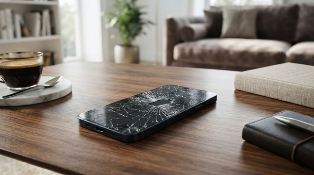 Broken smartphone with shattered screen on a wooden coffee table. Damaged mobile phone in modern living room