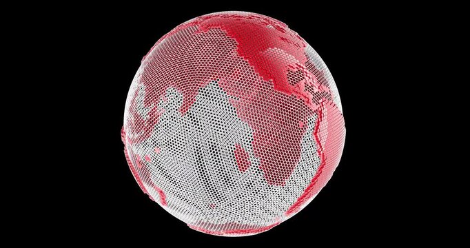 Red and white hexagon mesh globe rotation animation seamlessly loopable. 3D rendering isolated on transparent background