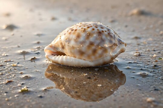 Tropical Seashell Reflected on Wet Sand