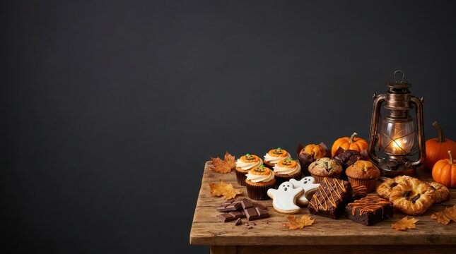 Assorted halloween cookies and brownies on a wooden table with autumn decor