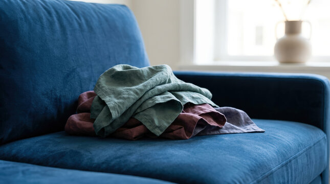 Pile of crumpled linen napkins on a blue velvet sofa. Folded fabric throws on modern couch in living room