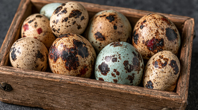 Fresh speckled quail eggs arranged inside a rustic wooden box with spotted eggs