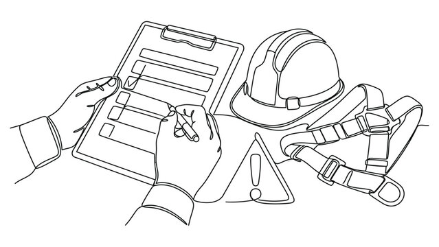 Continuous line drawing of a construction safety inspector checking a clipboard with a hard hat and safety harness.