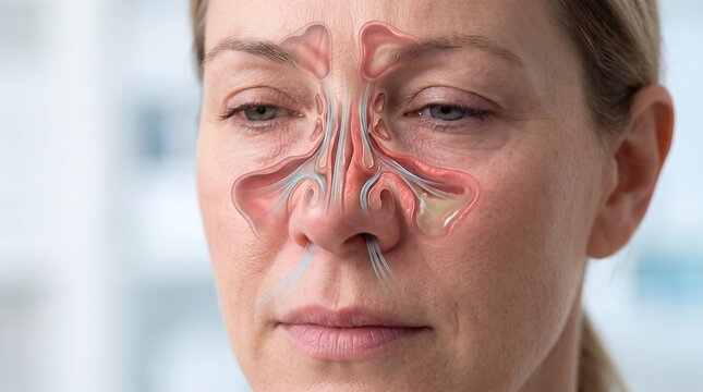 Anatomical Illustration of Sinusitis and Congestion on Woman Face