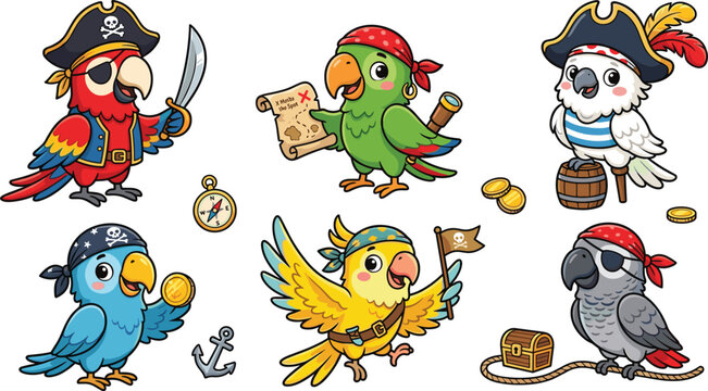 Cute cartoon pirate parrots vector illustration set featuring macaw characters with hats eyepatches swords and treasure maps [image_PryrEf.png]