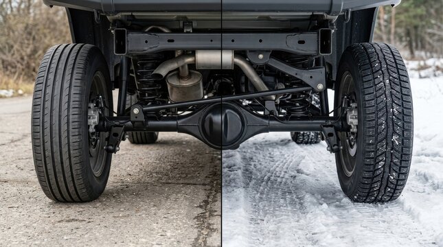 SUV rear axle split view showing summer and winter tires.