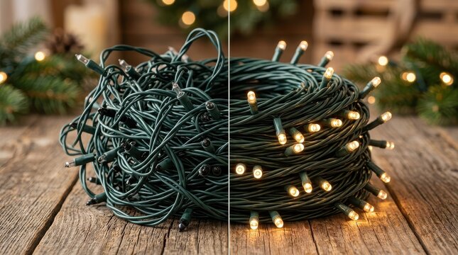 Organized and Tangled Christmas Lights Comparison on Rustic Wooden Table
