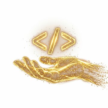 Golden glowing particle hand holding programming code icon symbol on white background for software development and web design concept
