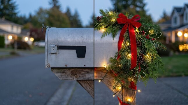 Residential Mailbox Adorned with Festive Christmas Wreath and Twinkling Lights