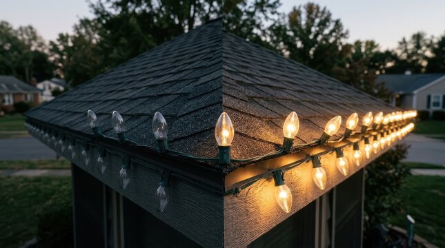 Christmas Lights On Roof Split View Lit And Unlit Comparison