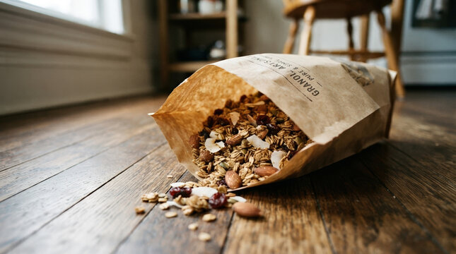 Spilled bag of granola cereal on wooden floor. Open craft paper pouch with crunchy oat muesli mess in kitchen