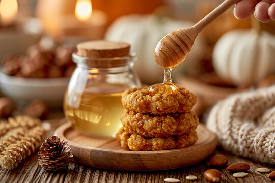 Honey dripping from honey dipper onto stack of cookies with glass jar and autumn decor