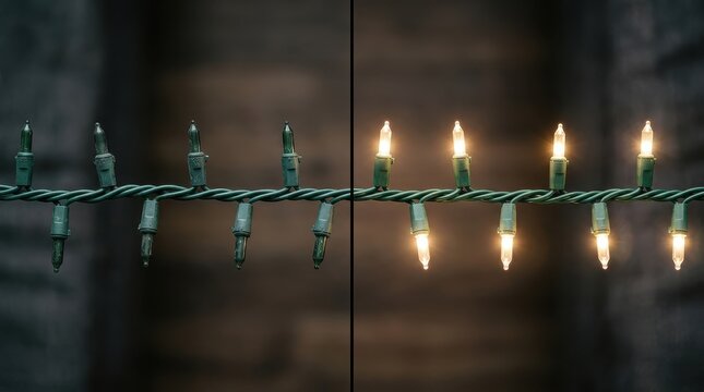 Split Comparison of Christmas String Lights Showing Unlit and Lit States