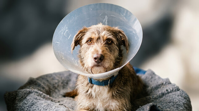 Scruffy mixed breed dog wearing a plastic veterinary cone collar. Sick or injured pet recovering on a bed