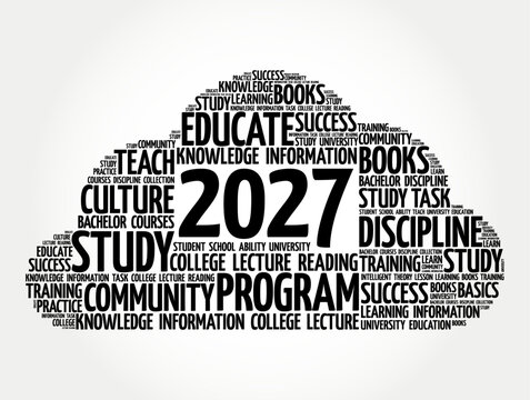2027 word cloud with education related terms like study, knowledge, books, university, and college, concept for academic planning and learning goals