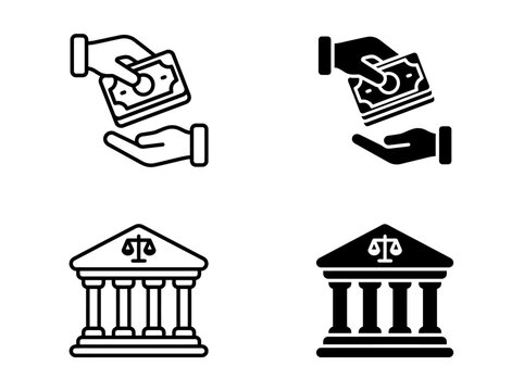 Money transaction and courthouse building vector icons in outline