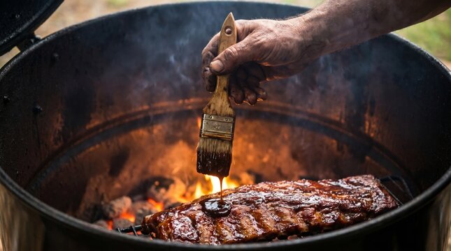 Man brushing BBQ sauce on grilled meat over fire pit