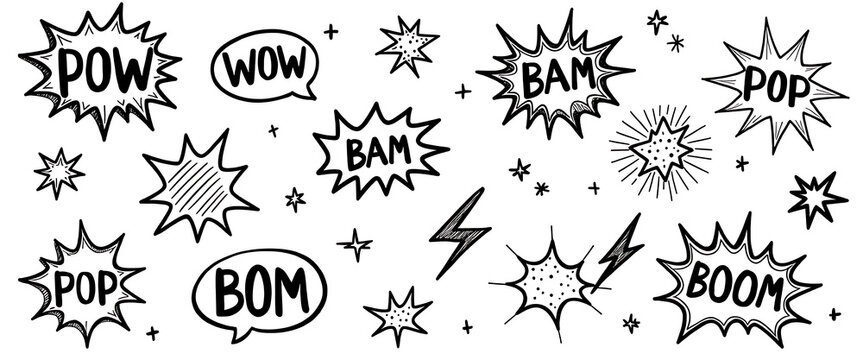 Hand drawn comic style explosion words such as POW WOW BAM and BOOM for creative projects.