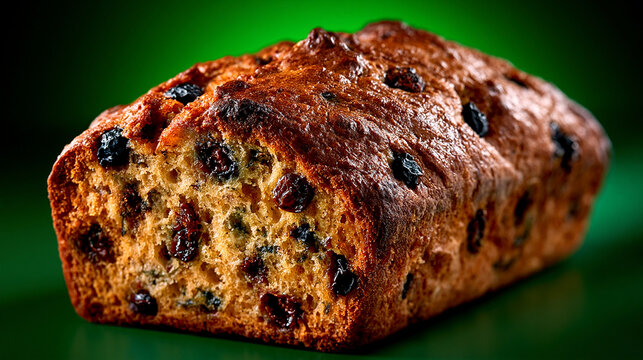 Freshly baked homemade fruitcake loaf studded with dark berries on a green background