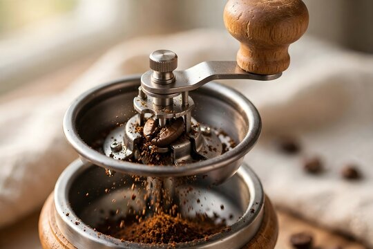 Macro Shot of Manual Coffee Grinder Grinding Beans