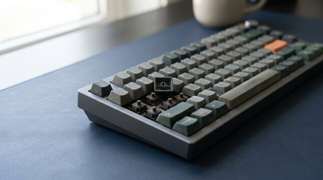 Dusty mechanical keyboard with a removed keycap on a desk mat. Dirty computer keyboard maintenance and repair concept