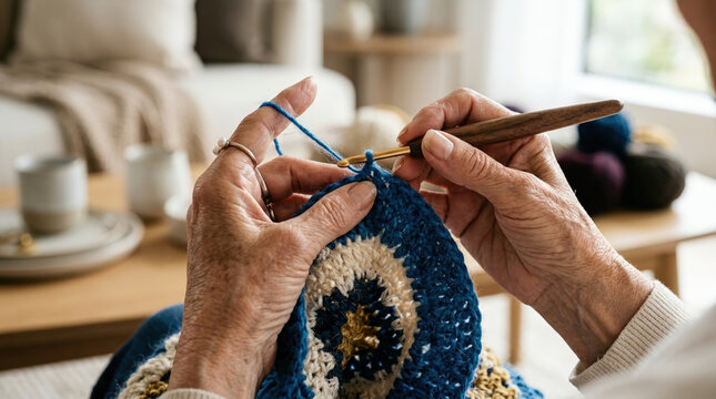 Close up of elderly hands crocheting with blue and white yarn. Senior person knitting handmade wool craft at home