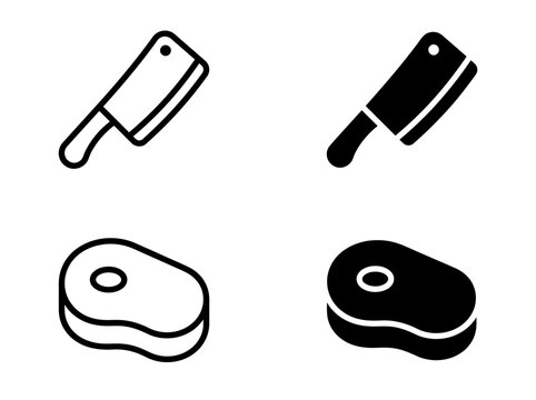 Butcher knife and raw steak icons set in outline and solid vector graphics