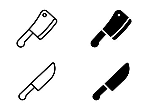 Meat cleaver and kitchen knife icons set in outline and solid vector